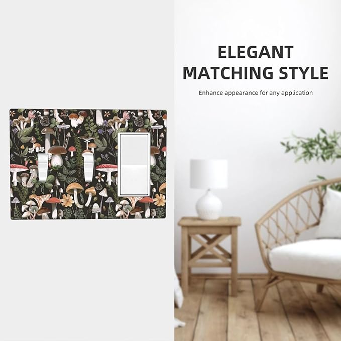 Black Boho Moth Botanic Mushroom 3-Gang 2-Toggle 1-GFCI/Decorator Combination Light Switch Decorative Triple Combo Device Switches/Rocker Outlet Covers and Wall Plate