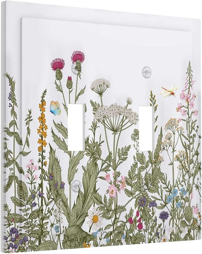 Rustic Wild Floral Vintage Teal Botanical 2 Gang Double Toggle Light Switch Cover Decorative Electrical Switchplate Faceplate for Kitchen Bedroom Bathroom Standard Size