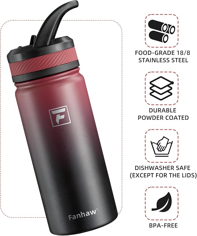 Fanhaw 18 Oz Kids Insulated Water Bottle with Straw Lid – Stainless Steel Double Wall Vacuum, Leak-Proof, BPA-Free Water Bottles for School Boys & Girls(Red Black)