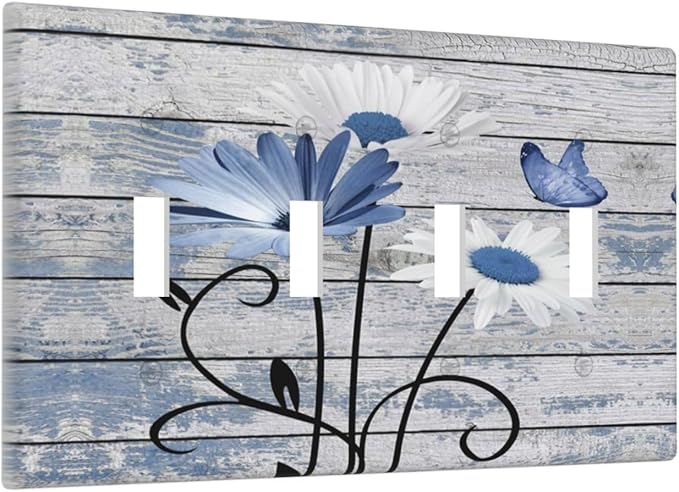 Blue White Daisy Flower Butterfly Rustic Wood Board Light Switch Covers Quad Toggle Electrical Faceplate 4 Gang Wall Plate Decorative Switch Plates Cover for Farmhouse Bedroom Decor