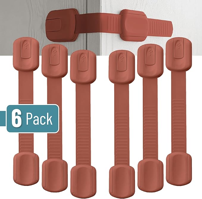 Bate- Child Safety Strap Locks, 6 Pack, Rusty Color, Baby Locks for Cabinets, Drawers, Kitchen, Toilet, Furniture, Fridge, Multi-Purpose, Easy Install with Quick 3M Adhesive for Childproofing