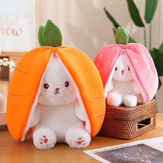 2PCS Plush Toy Pillow, Reversible Carrot Strawberry Bunny Plush with Zipper, Easter Bunny Stuffed Animal Cute Rabbit Plushie Birthday Gift for Boys Girls Kids (1pcs 7" Carrot)