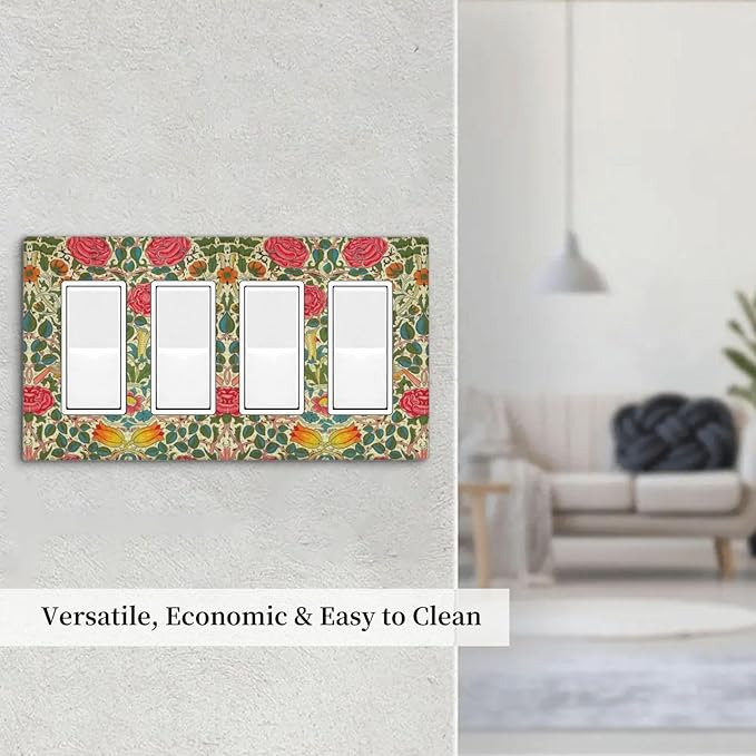 William Morris Roses Floral 4 Gang Light Switch Cover VintageTulip Flower Plant Bird Quad Rocker Outlet Covers Switchplates Decorative Electrical Wall Plate for Bedroom Home Décor