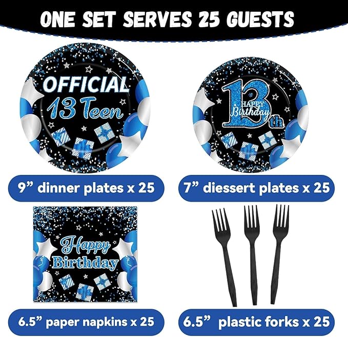 100 Pcs 13th Birthday Decorations for Boys Official Teen 13th Supplies Plates Napkins Forks Set Disposable Blue 13th Birthday Tableware Paper Plates Dinnerware for Kids Teenager Favors Serve 25