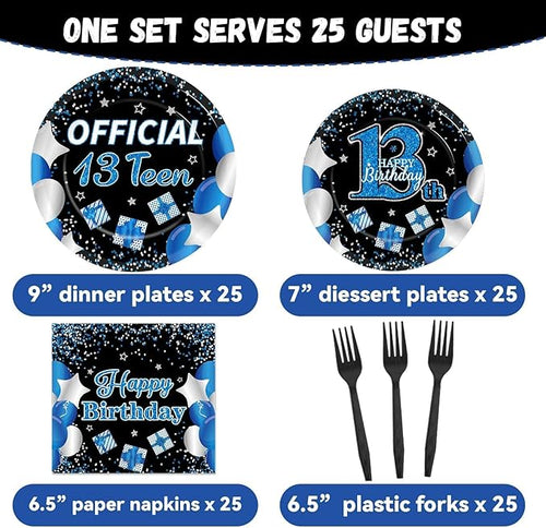 100 Pcs 13th Birthday Decorations for Boys Official Teen 13th Supplies Plates Napkins Forks Set Disposable Blue 13th Birthday Tableware Paper Plates Dinnerware for Kids Teenager Favors Serve 25