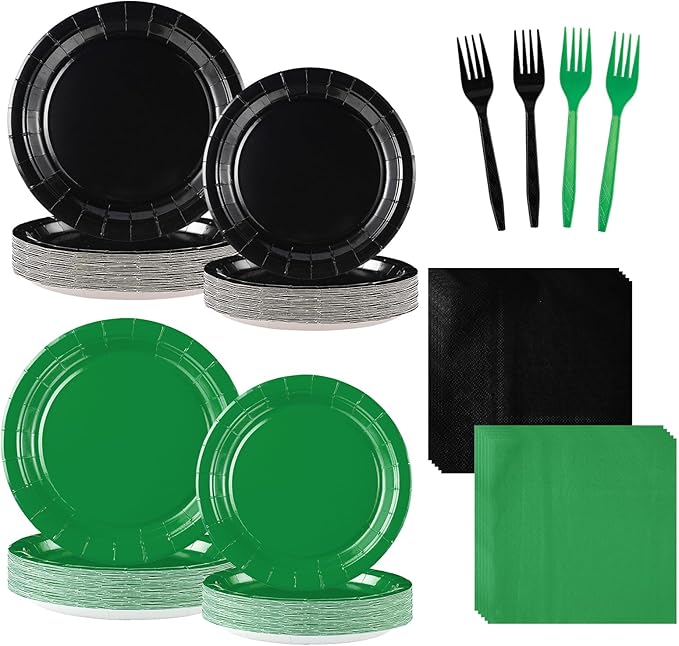 Grencian 96Pcs Green and Black Birthday Decorations Graduation Party Plates and Napkins Solid Color Disposable Heavy Duty Green and Black Tableware Set for Graduation Decorations 2026