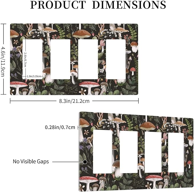 Black Boho Moth Botanic Mushroom 4 Gang Quad Rocker Light Switch Cover Decorative Quadruple Device GFCI/Decorator Wall Plate Electric Faceplate Screwless