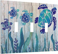 Sea Turtle Grass Seaweed on Rustic Wooden Board Triple Toggle Light Switch Cover 3 Gang Wall Plate Decorative Ocean Grass Seaweed Electrical Facplate for Bathroom Kitchen Home 6.7" x 4.8"