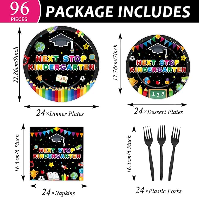 96Pcs Preschool Graduation Plates and Napkins, Next Stop Kindergarten Party Supplies Prek Graduation Themed Dessert Disposable Plates Tableware set for 24 Guests Party Decorations
