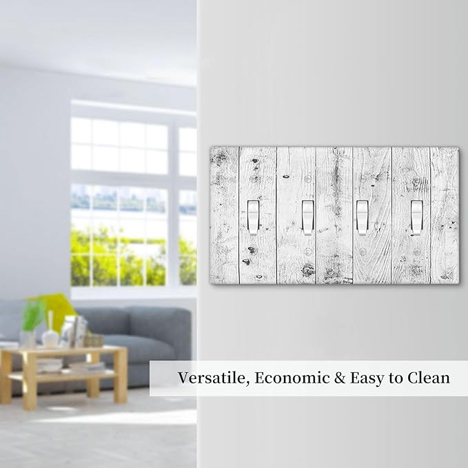 Light Switch Covers Rustic White Grey Wood Grain Quad Toggle 4 Gang Wall Plate Electrical Faceplate Decorative Switch Plates for Farmhouse Home Decor