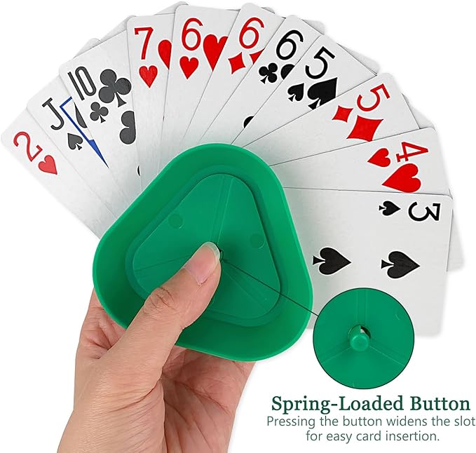 ZUFECY 4-Pack Triangular Card Holders, Small Lightweight ABS Holders for Kids and Seniors, 4 Colors with Push-Button Design for Poker Parties, School and Family Card Games