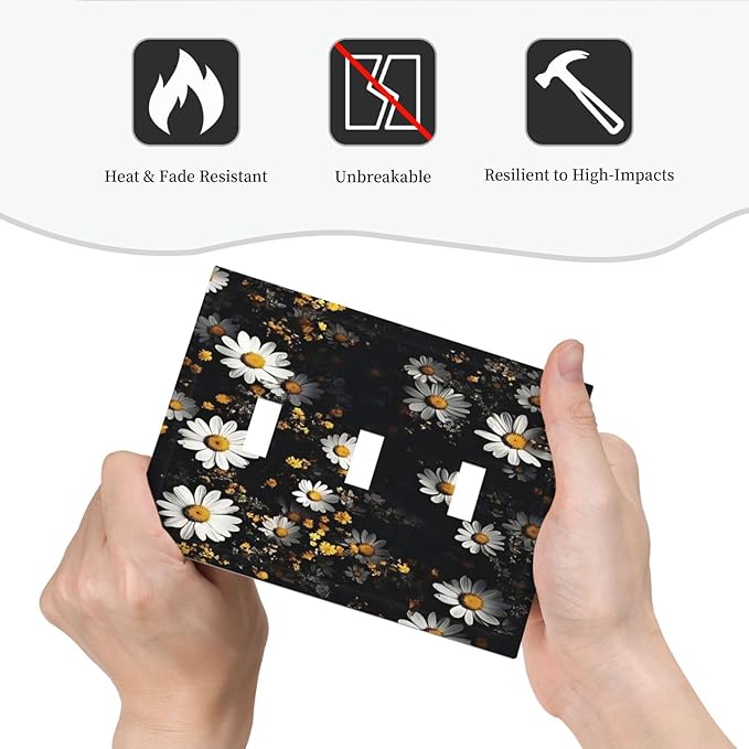 White Black Daisy Wildflower Modern Chrysanthemum Decorative Switch Plates 3 Gang Wall Plate Triple Toggle Light Switch Cover Faceplate Electrical Wall Panels for Bedroom Farmhouse Decor