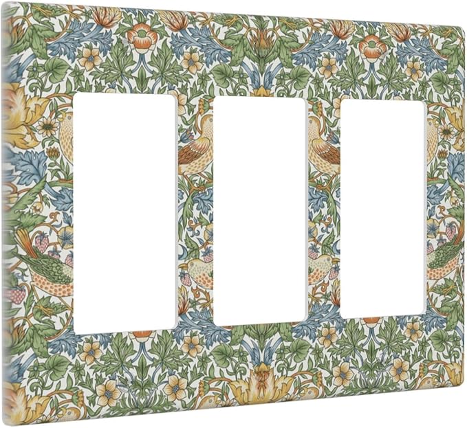 William Morris Strawberry Thrush Birdsl Triple Rocker Light Switch Cover Vintage Floral Flowers Plant 3 Gang Rocker Outlet Covers Decorative Electrical Wall Plate for Bedroom Living Room Décor