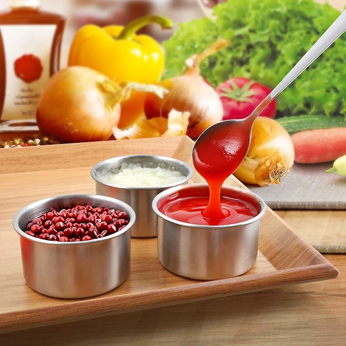 SUKKI Stainless Steel Condiment Containers - 4 PCS Salad Dressing Containers with Food Grade and Leakproof Silicone Lids - 2x3.4oz +2x1.8oz for Snacks, Desserts, Souffle, Baby Food