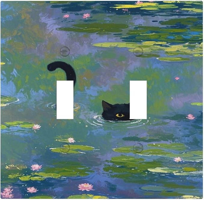Light Switch Cover Plate Cute Black Cat Water Lily Pond Watercolor 2 Gang Double Toggle Decorative Switch Plates Plug Cover Wall Plates Electrical Faceplate for Kids Room Nursery Decor