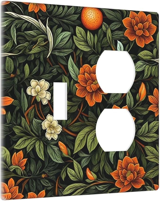 Light Switch Cover Plate William Morris Orange Flowers Rustic Leaves Floral 2 Gang Decorative Switch Plates 1 Toggle Duplex Combo Outlet Covers GFCI Wall Plates for Bathroom Bedroom Decor