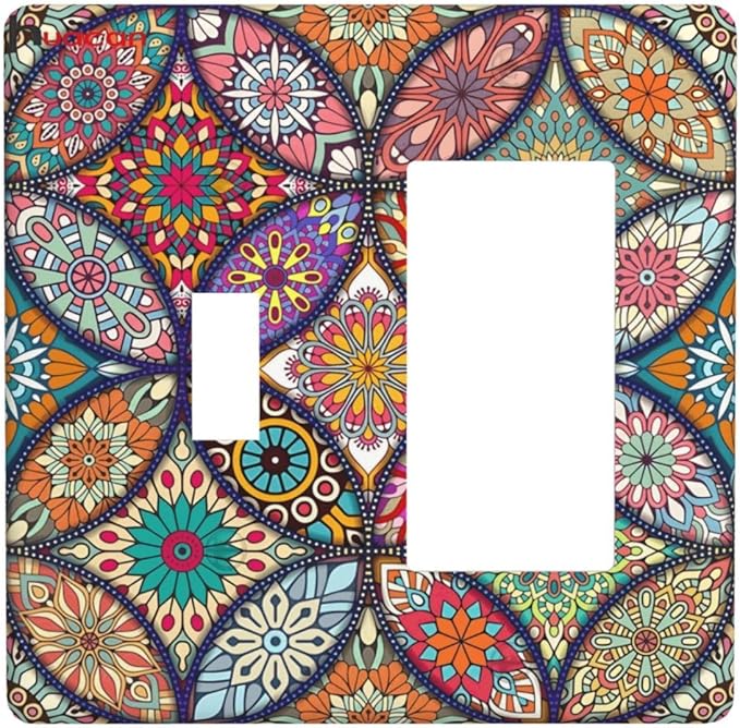 Boho Floral Pretty Colorful Mandala Flowers Outlet Covers 1 Toggle 1 Rocker Combination Decorative Wall Plate Electrical Switch Plates Light Switch Cover Plate for Bedroom Living Room Decor