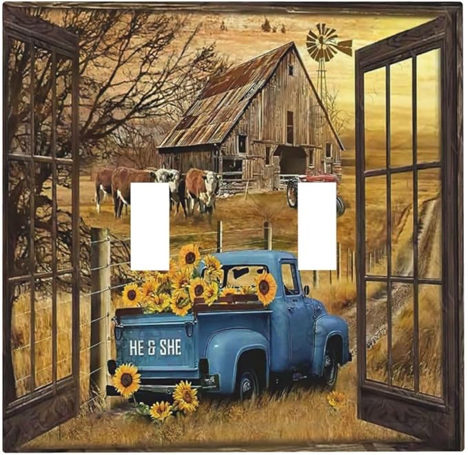 Fall Western Farmhouse Cow Double Toggle Light Switch Cover Plate Decorative Country Barn door Blue Truck 2 Gang Wall Plate Electrical Faceplate Switchplate for Bathroom Home Living Room Decor
