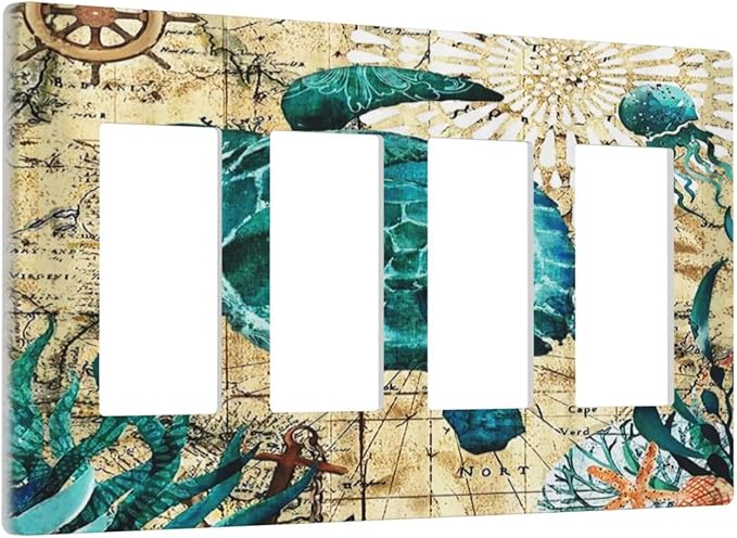 Nautical Ocean Map Tortoise Turtle 4 Gang Quad Rocker Light Switch Cover Plate Decorative Electric Faceplate Switchplate Living Room Bedroom Decorate Jumbo Screwless