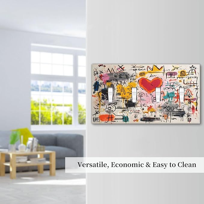 Colorful Graffiti Street Art Banksy Prints Light Switch Covers Quad Toggle Electrical Faceplate 4 Gang Wall Plate Decorative Switch Plates Cover for Kids Room Office Decor