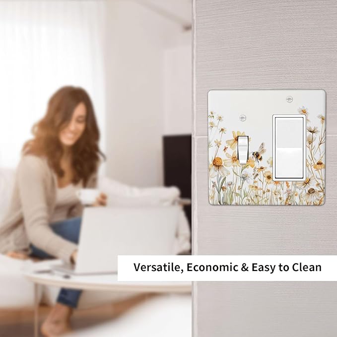 Yellow White Daisy Floral Bee Wild Flower Outlet Covers 1 Toggle 1 Rocker Combination Decorative Wall Plate Electrical Switch Plates Light Switch Cover Plate for Bedroom Living Room Decor