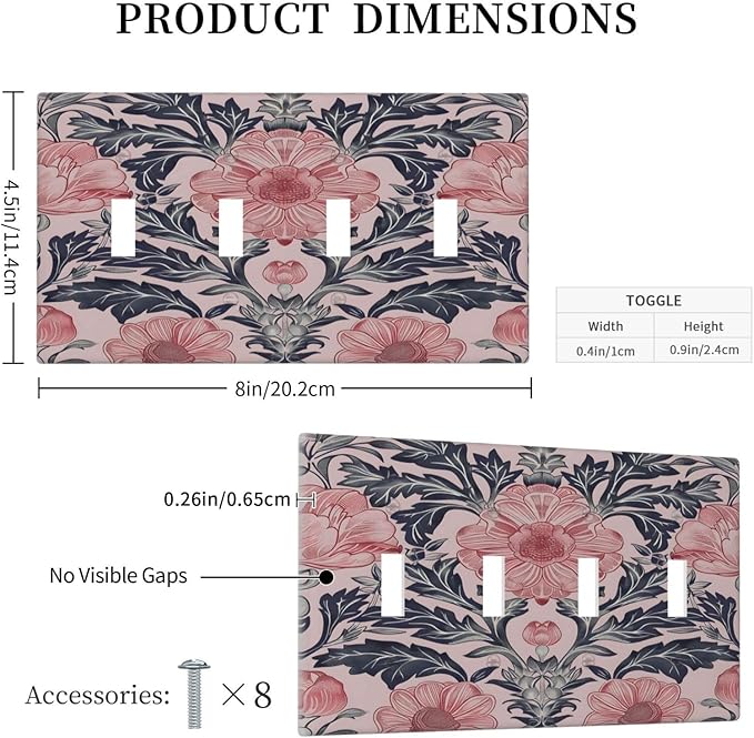 Pink Floral Vintage Botanical Boho Flower Light Switch Covers Quad Toggle Electrical Faceplate 4 Gang Wall Plate Decorative Switch Plates Cover for Farmhouse Home Decor