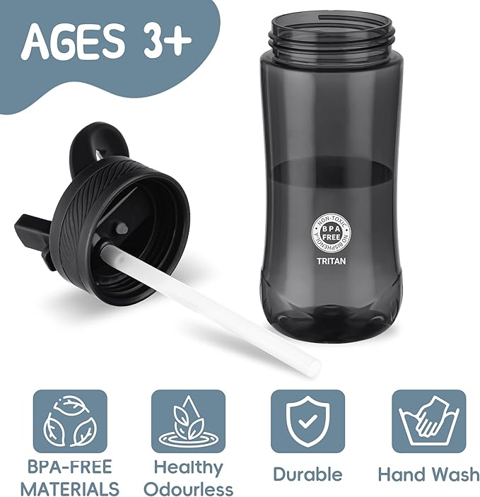 Kids Clear Water Bottle 14oz Flip with Straw Carry Handle, Leakproof, Reusable, Tritan, BPA Free, Suitable for Boys and Girls, Black
