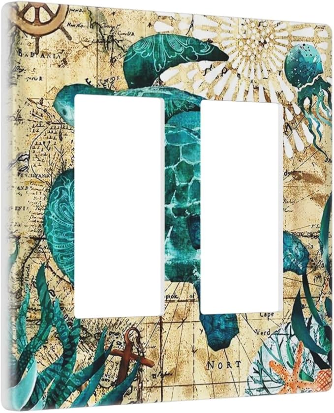 Yellow Nautical Ocean Map Tortoise Turtles 2 Gang Double Rocker/Decorator Outlet Light Switch Cover Summer Beach Coral Decorative Dual Device Gfci Receptacle Switch Wall Plate Cover