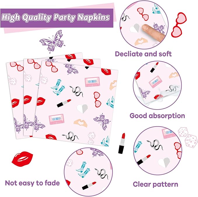 96Pcs Era's Birthday Party Plates and Napkin Women Music Birthday Party Supplies Iridescent Disco Dessert Plates Music Tableware Set for 24 Guest Bachelorette Decorations