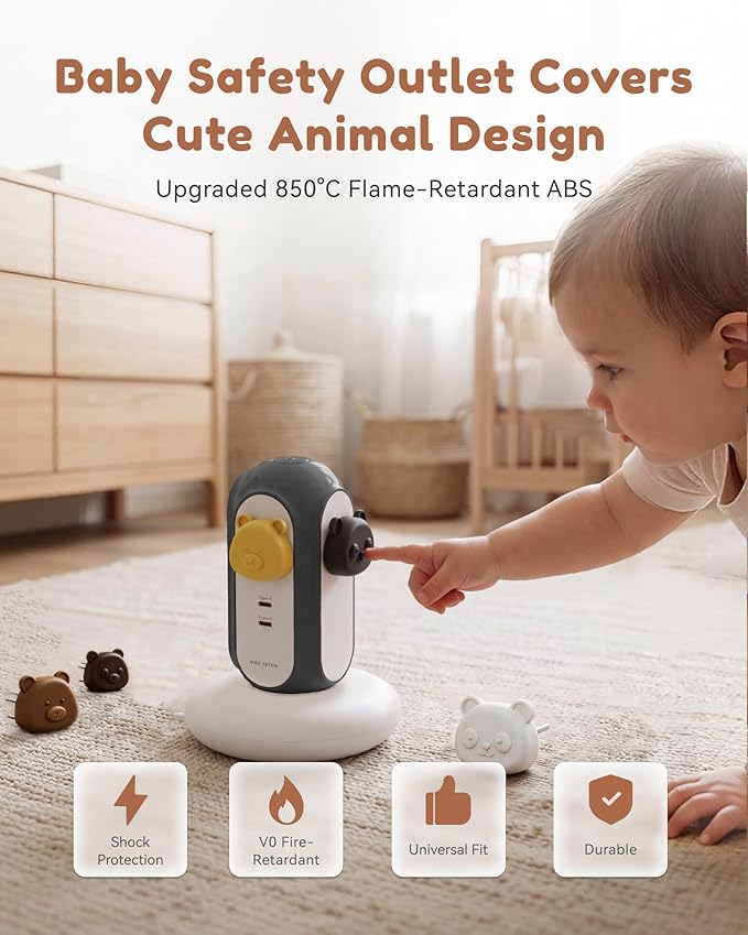 MiaoLab Cute Animal Baby Proofing Outlet Covers, 8 Pack Silicone + V0 PC Plug Protectors, BPA-Free Non-Toxic Child Safety Socket Caps for US Type B 3-Prong Electrical Outlets, Fire-Retardant Design