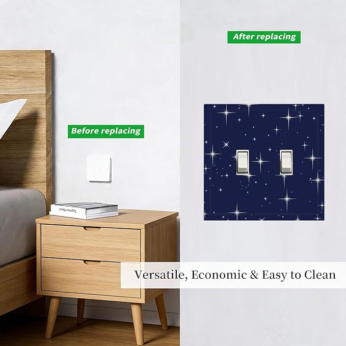 Starry Night Double Toggle Switch Cover - 2-Gang Standard US Size Celestial Sparkle Light Switch Covers, Midnight Galaxy Cosmic Glow for Bedroom & Nursery