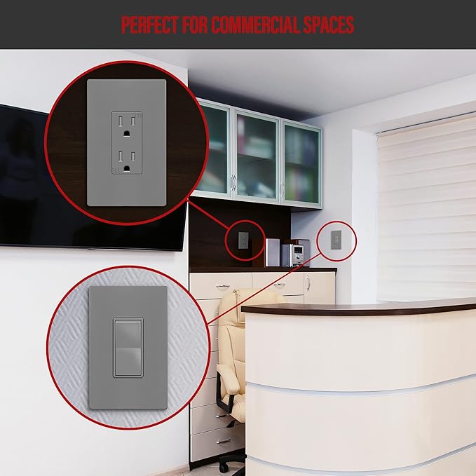ENERLITES Screwless Decorator Wall Plate Child Safe Outlet Cover, Grey Switch Cover, Gloss Finish, Medium Size 1-Gang 4.88" H x 3.11" L, Unbreakable Polycarbonate Thermoplastic, SI8831M-GY, Gray