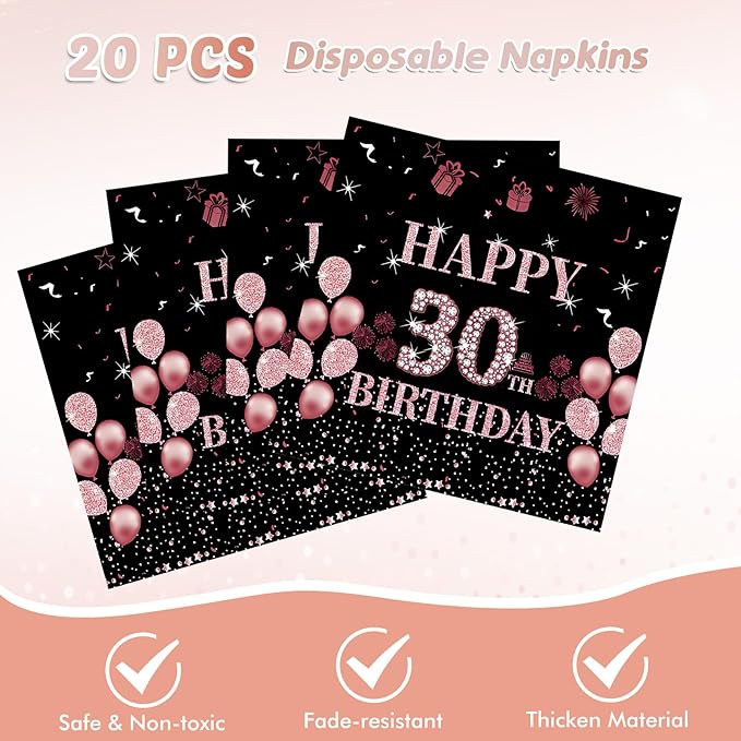 41pcs 30th Birthday Decorations for Her, 30th Birthday Decorations for Women, Rose Gold 30th Birthday Supplies for 20 Guest Happy 30th Birthday Party Tableware Includes Plates Napkins and Tablecloth