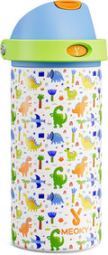 18 oz Insulated Water Bottle for Sports: Meoky Stainless Steel Kids Water Bottle with 2-in-1 Straw and Spout Lid - Leak Proof, Fits in Car Cup Holder, BPA-Free for School Gym Travel, Dinosaur Party