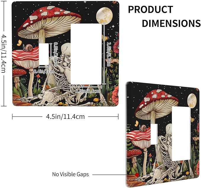 Mushroom Skull Skeleton Moon Combin Wall Plate Cover Decorative 2 Gang Toggle Rocker Light Switch Cover Star Plants Flora outlet cover for Bathroom Home Bedroom Art Panel Decor 4.5 X 4.5 In