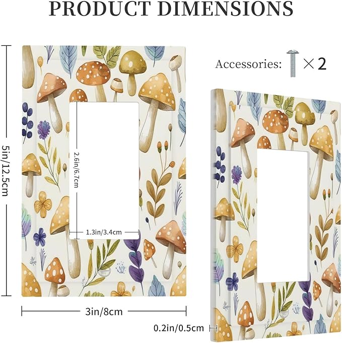 Boho Watercolor Mushroom Flowers Leaf Colorful Floral Decorative Outlet Covers 1 Gang Single Rocker Light Switch Cover Plate Wall Plates GFCI Faceplate for Kids Room Nursery Decor