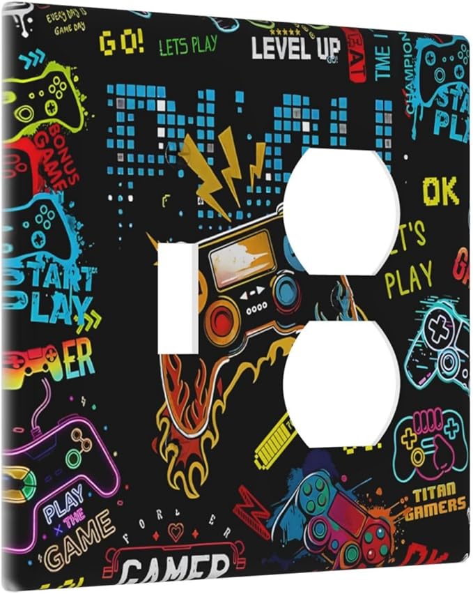 Gamer Video Game Themed Cool Controller Print Wallplates 1 Toggle 1 Duplex Switch Plate Electrical GFCI Faceplate Decorative Light Switch Covers for Kids Room Office Decor