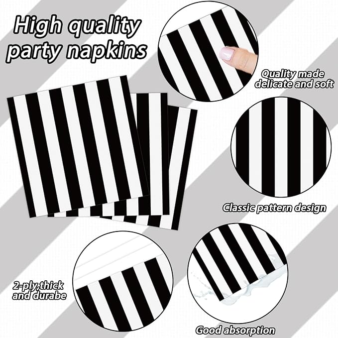 200pcs Black and White Party Plates Napkins Forks Striped Theme Party Tableware Set Black White Party Disposable Paper Dessert Dinnerware Kids Adults Wedding Party Baby Shower Decor Supplies Serves 50