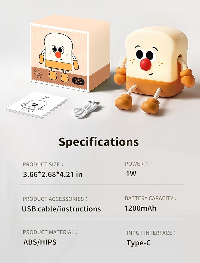 Toast Night Light for Kids, Rechargeable Bedside Table Lamp, Portable Night Lamps, Cute Nursery Night Lights for Bedroom, Office, Desk Lamp Funny Gifts for Baby, Teens, Adults