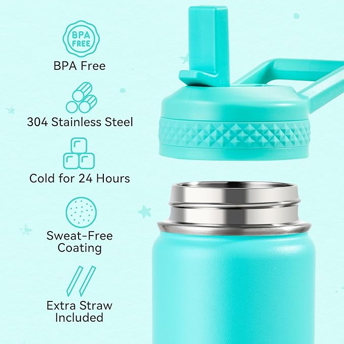 Fijinhom 12 oz Kids Water Bottle, Toddler Water Bottle with Straw, Boys&Girls Bottle for School, 304 Stainless Steel Vacuum Insulated Bottle for Kids, BPA-Free, Leak-Proof, Mint Green