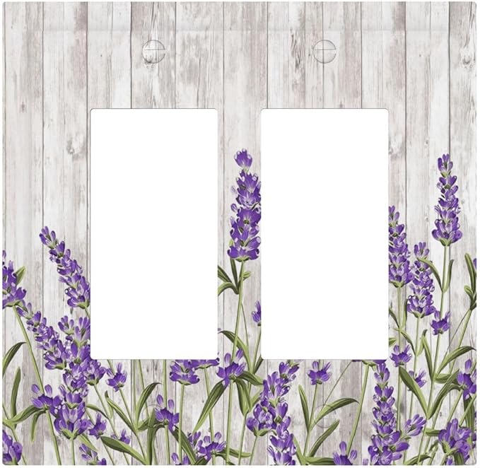 Purple Lavender Rustic Wooden Flowers Floral Plant Decorative Outlet Covers 2 Gang Double GFCI Rocker Electrical Wall Panels Light Switch Cover Plate for Farmhouse Living Room Decor