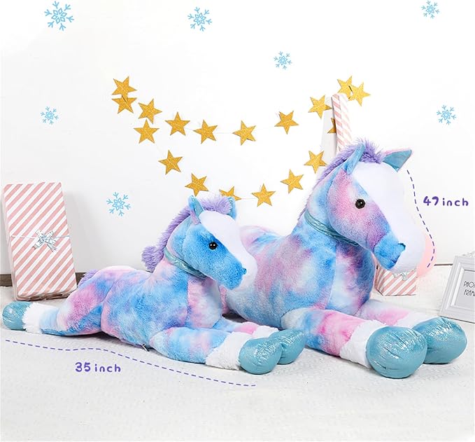 Tezituor 35 Inch Big Horse Stuffed Animals Plush Toy, Large Rainbow Stuffed Horse Toys Gift Soft Blue Pony Plush Body Pillow for Boys Girls