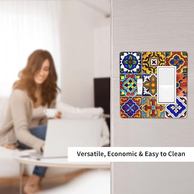 Vintage Colorful Boho Mexican Moroccan Tile Outlet Covers 1 Toggle 1 Rocker Combination Decorative Wall Plate Electrical Switch Plates Light Switch Cover Plate for Farmhouse Home Decor