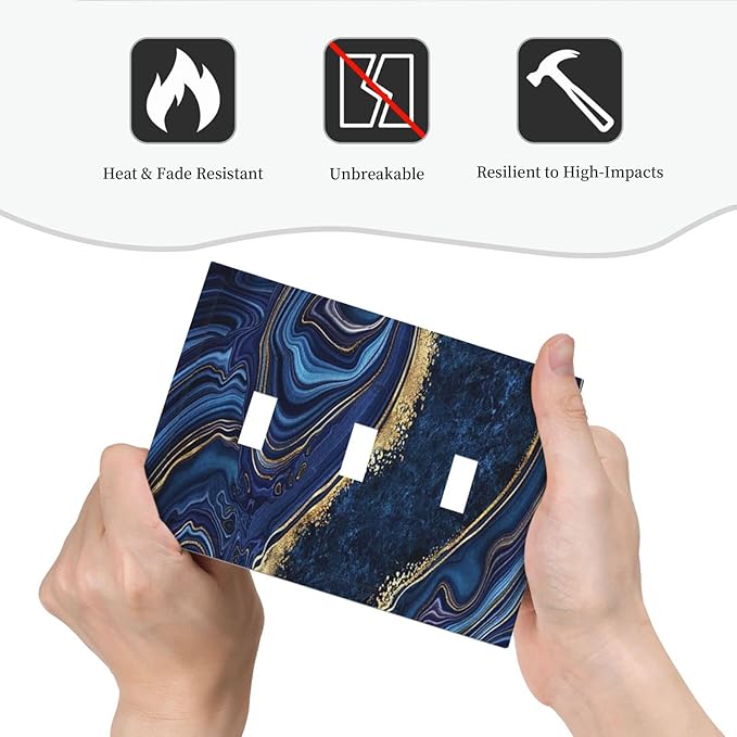 Blue Navy Marble 3 Gang Triple Toggle Light Switch Wall Plate Cover Marble Decorative Electrical Faceplate Teen Kids Boys Navy Blue Gold Abstract Bathroom Home Bedroom Art Panel Decorate 6.7" x 4.8