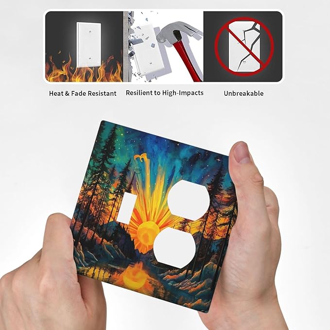 Light Switch Cover Plate Vintage Forest Sun Boho Mountain Starry Sky 2 Gang Decorative Switch Plates 1 Toggle Duplex Combo Outlet Covers GFCI Wall Plates for Bathroom Bedroom Decor
