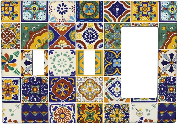 Decorative 3-Gang 2-Toggle 1-GFCI/Decorator Combination Light Switch Cover Kitchen Yellow/Blue Mexican Tile, Sun Moon Moroccan Boho Tile Combo Double Toggle Switches/Rocker Outlet Cover and Wall Plate