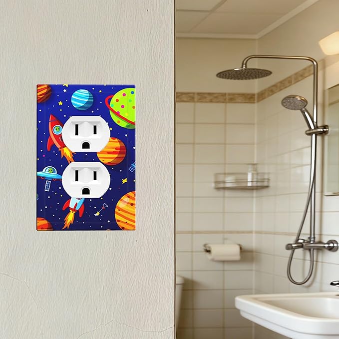 Planets, Rockets & Aliens Duplex Wall Plate - 1-Gang Standard US Size Astronaut Cosmic Adventure Outlet Covers for Boy's Bedroom Decor