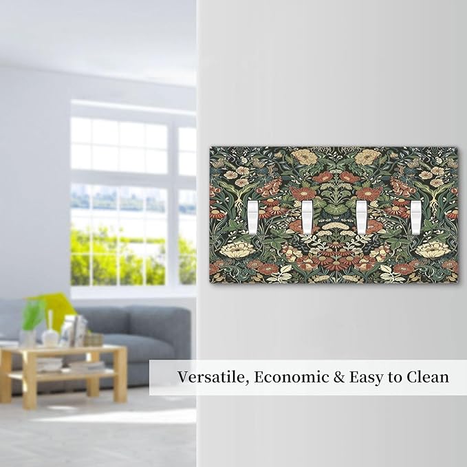 Light Switch Covers Vintage Dark Floral William Morris Green Flower Quad Toggle Electrical Faceplate 4 Gang Wall Plate Decorative Switch Plates for living Room Home Decor