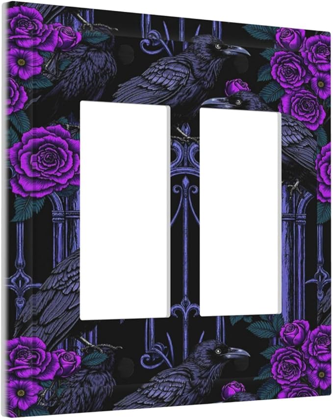 Decorative Outlet Covers Gothic Style Crow Purple Flowers 2 Gang Double GFCI Rocker Electrical Wall Panels Light Switch Cover Plate for Bedroom living Room Decor