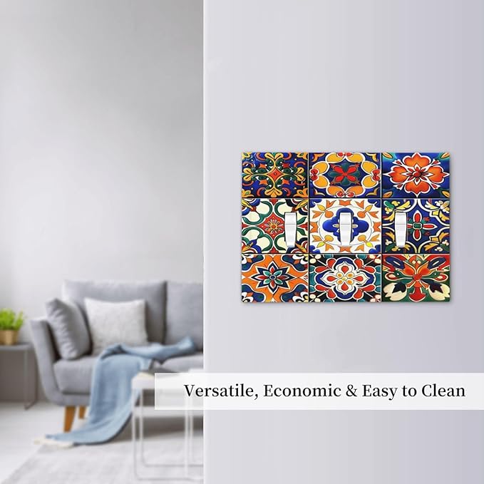 Decorative Switch Plates Colorful Mexican Talavera Vintage Boho Floral 3 Gang Wall Plate Triple Toggle Light Switch Cover Faceplate Electrical Wall Panels For Farmhouse Cabin Decor